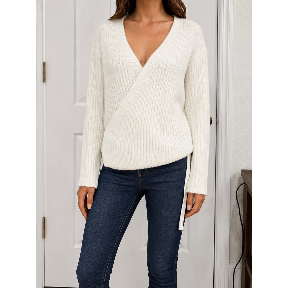 Topshop Ivory Acrylic Rib-Knit Open Front Cardigan WrapSweater M V-Neck Relaxed